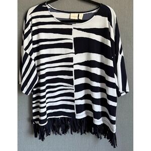 Chico's Blouse Top Women 2 Large Blue striped Fringe Hem Stretch Dolman Sleeve